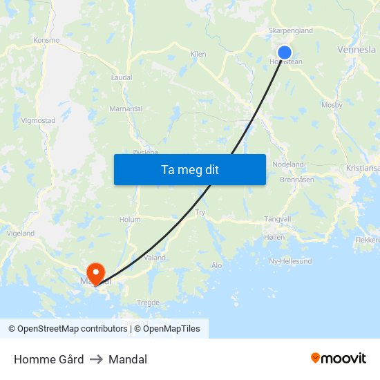 Homme Gård to Mandal map