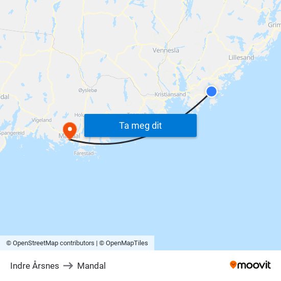 Indre Årsnes to Mandal map
