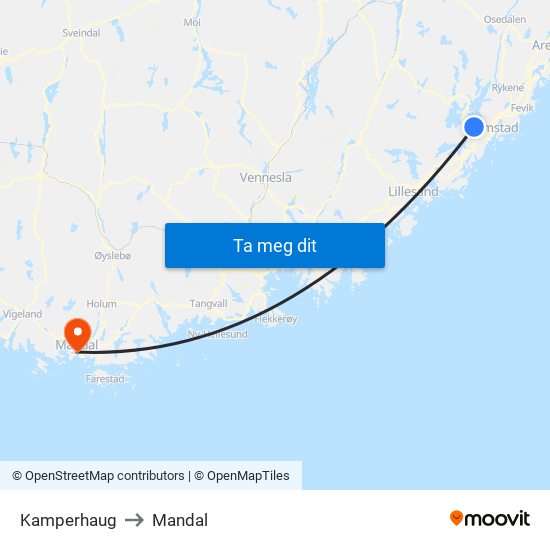 Kamperhaug to Mandal map