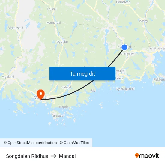 Songdalen Rådhus to Mandal map