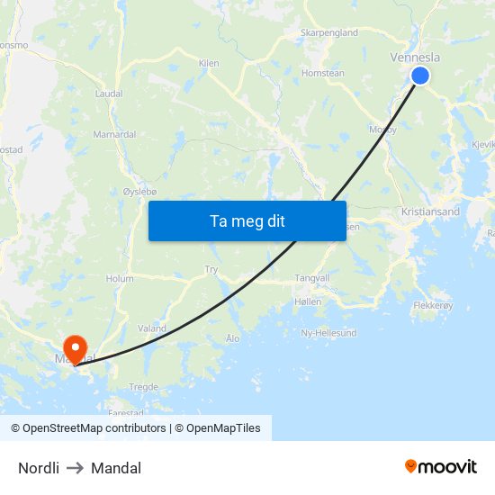 Nordli to Mandal map