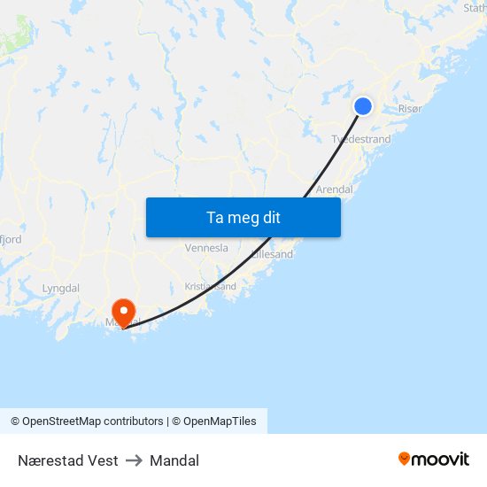 Nærestad Vest to Mandal map