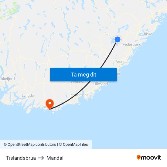 Tislandsbrua to Mandal map