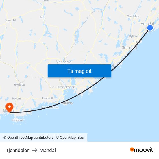 Tjenndalen to Mandal map