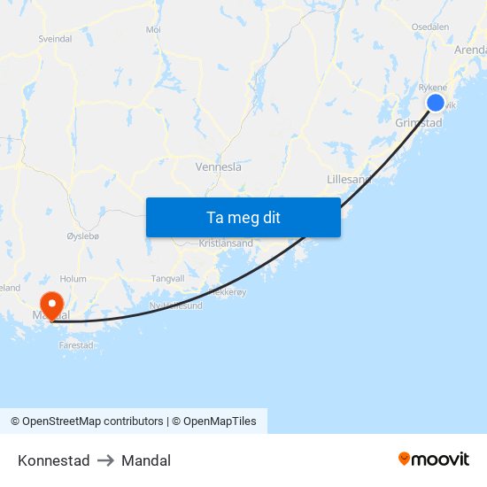 Konnestad to Mandal map