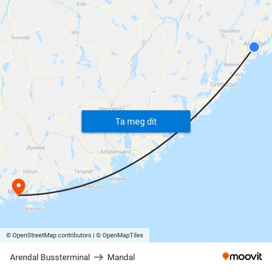 Arendal Bussterminal to Mandal map