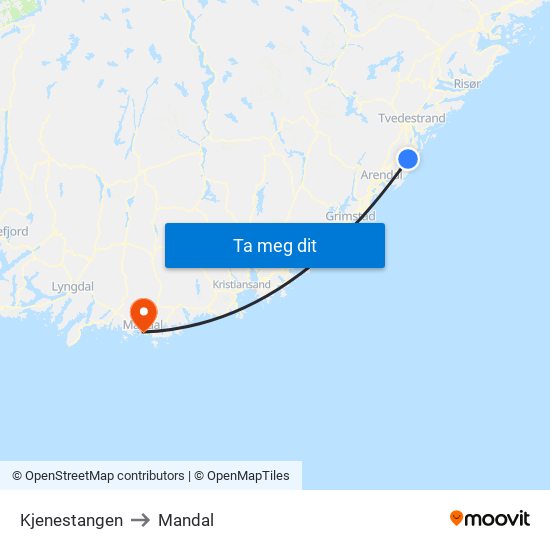 Kjenestangen to Mandal map