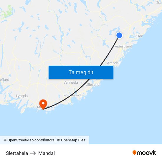 Slettaheia to Mandal map