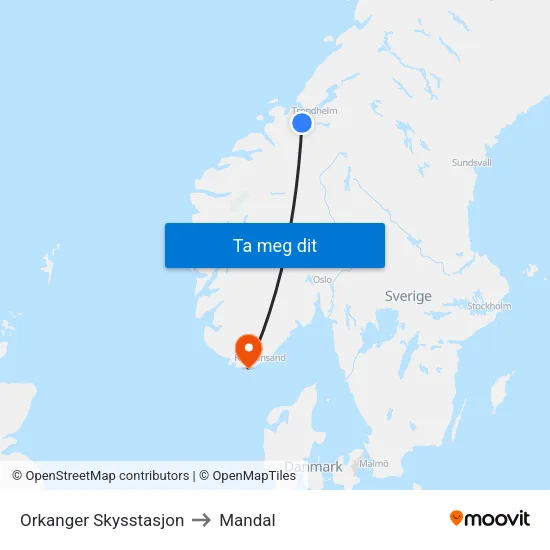 Orkanger Skysstasjon to Mandal map