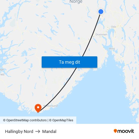Hallingby Nord to Mandal map