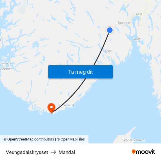 Veungsdalskrysset to Mandal map