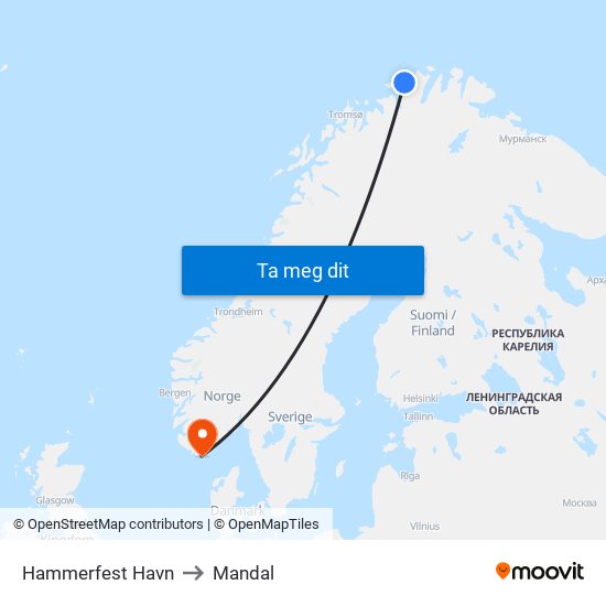 Hammerfest Havn to Mandal map