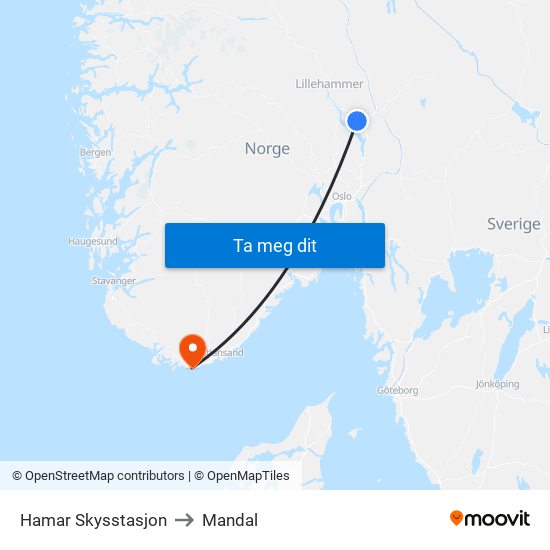 Hamar Skysstasjon to Mandal map