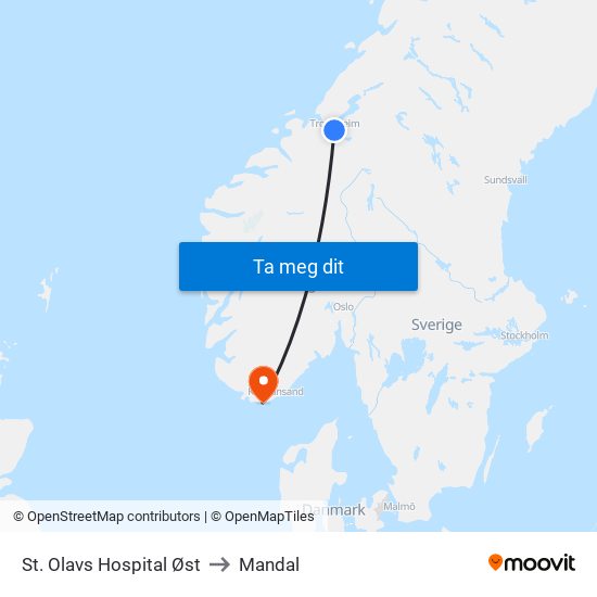 St. Olavs Hospital Øst to Mandal map