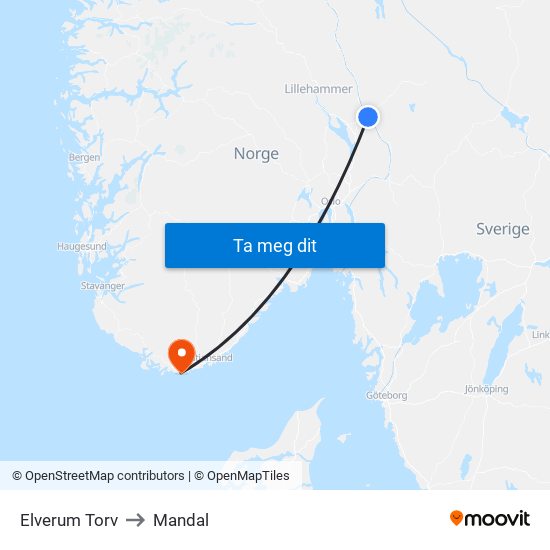 Elverum Torv to Mandal map