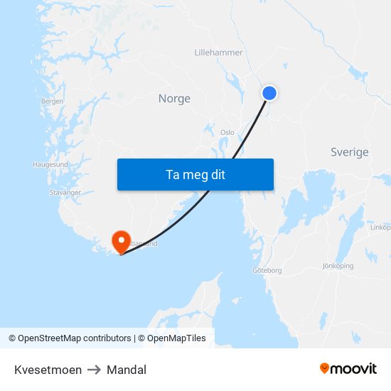 Kvesetmoen to Mandal map