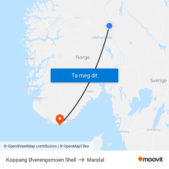 Koppang Øverengsmoen Shell to Mandal map