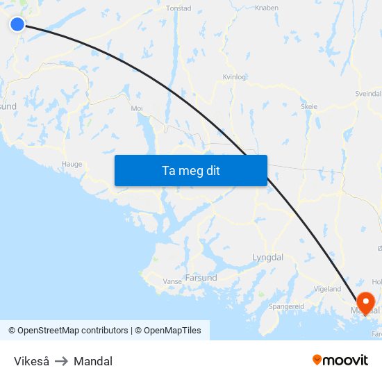 Vikeså to Mandal map