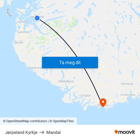 Jørpeland Kyrkje to Mandal map