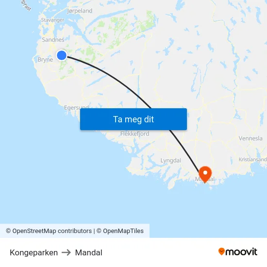 Kongeparken to Mandal map