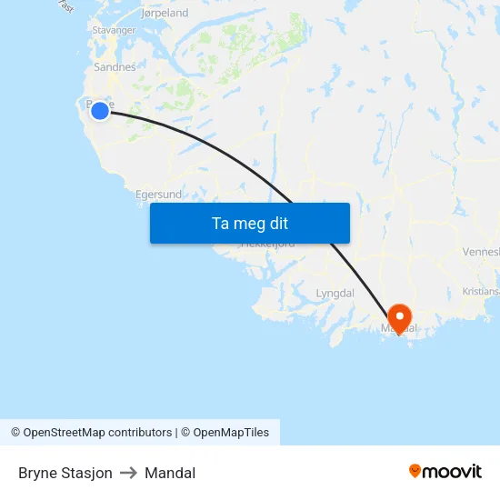 Bryne Stasjon to Mandal map