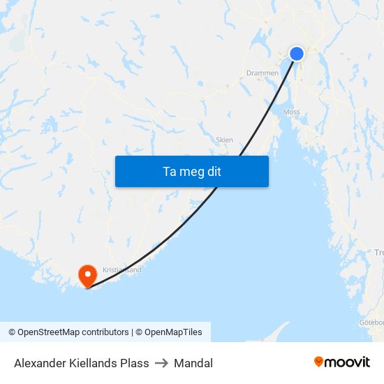Alexander Kiellands Plass to Mandal map