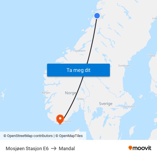 Mosjøen Stasjon E6 to Mandal map