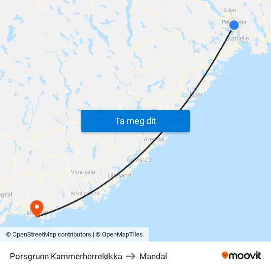 Porsgrunn Kammerherreløkka to Mandal map