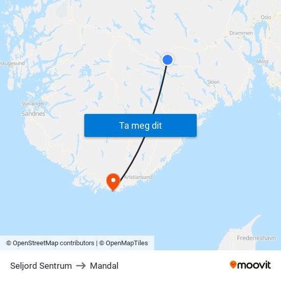 Seljord Sentrum to Mandal map