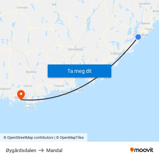 Øygårdsdalen to Mandal map