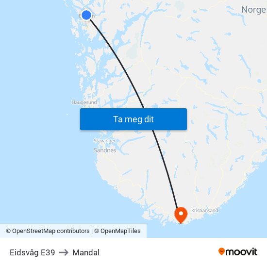 Eidsvåg E39 to Mandal map