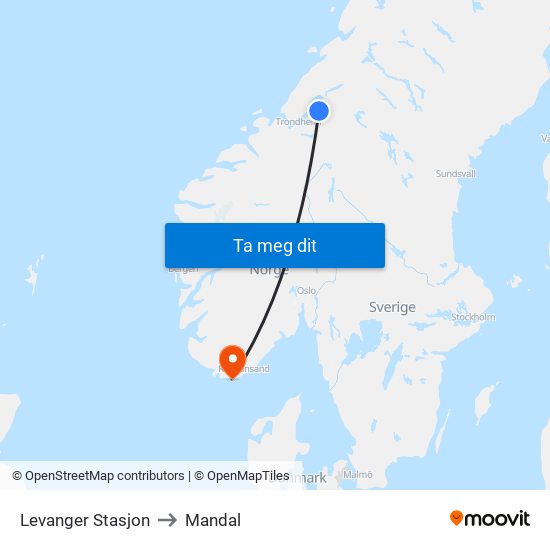 Levanger Stasjon to Mandal map