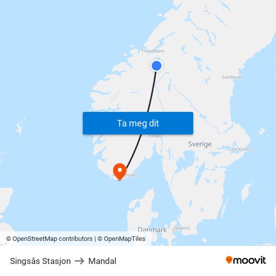 Singsås Stasjon to Mandal map