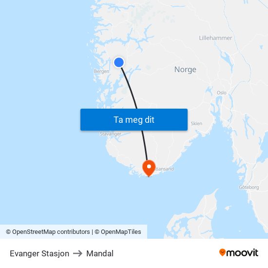 Evanger Stasjon to Mandal map