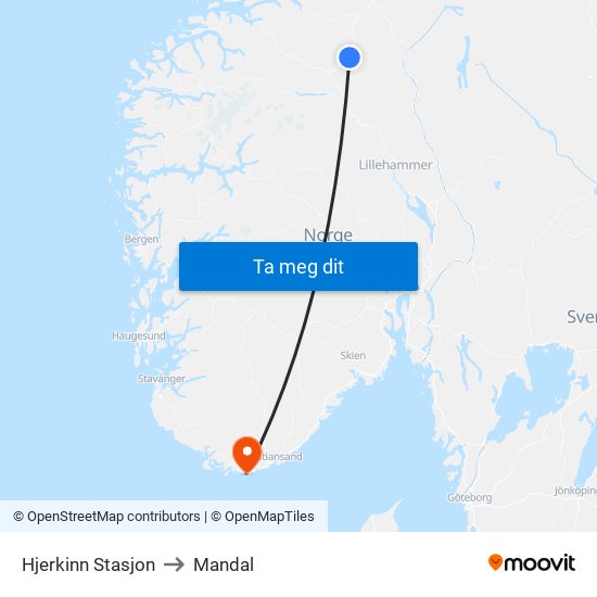 Hjerkinn Stasjon to Mandal map