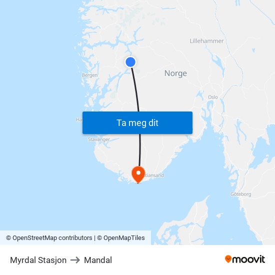 Myrdal Stasjon to Mandal map