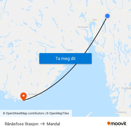 Rånåsfoss Stasjon to Mandal map