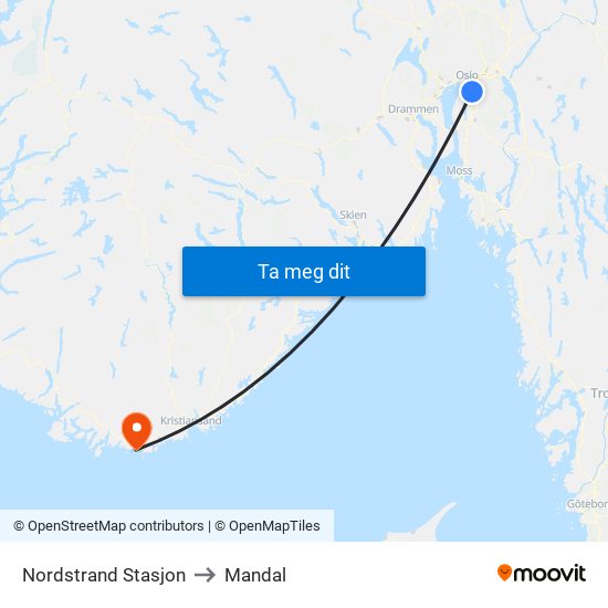 Nordstrand Stasjon to Mandal map