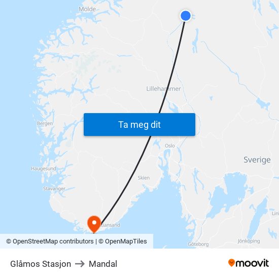 Glåmos Stasjon to Mandal map