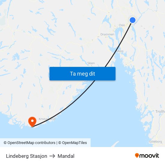 Lindeberg Stasjon to Mandal map