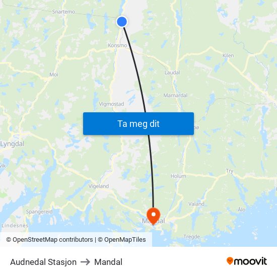 Audnedal Stasjon to Mandal map