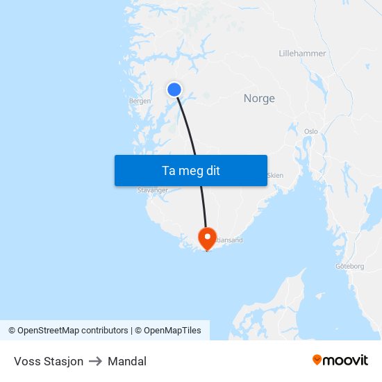 Voss Stasjon to Mandal map