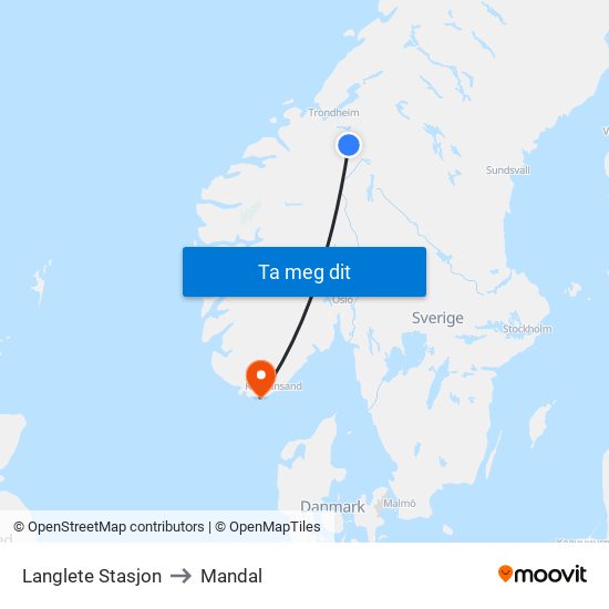 Langlete Stasjon to Mandal map