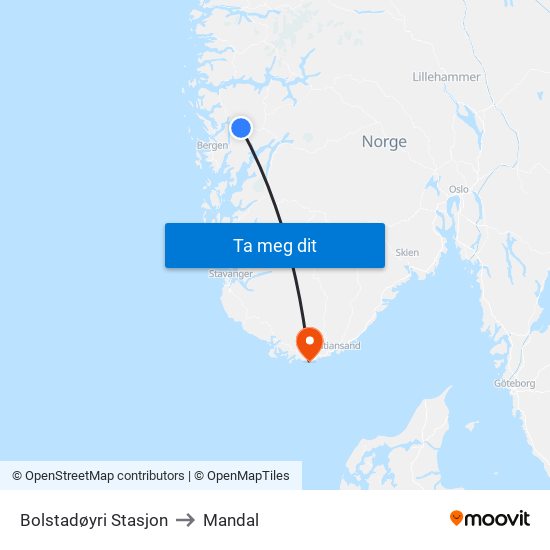 Bolstadøyri Stasjon to Mandal map