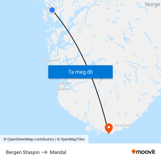 Bergen Stasjon to Mandal map
