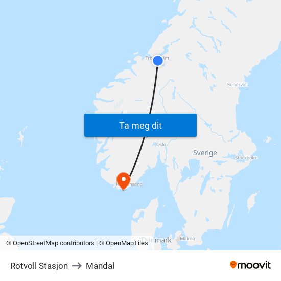 Rotvoll Stasjon to Mandal map