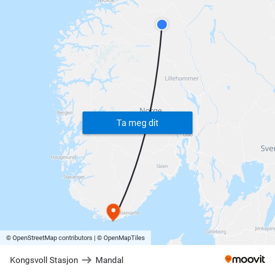 Kongsvoll Stasjon to Mandal map