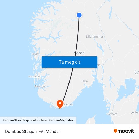 Dombås Stasjon to Mandal map