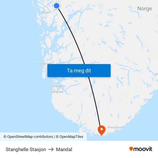 Stanghelle Stasjon to Mandal map