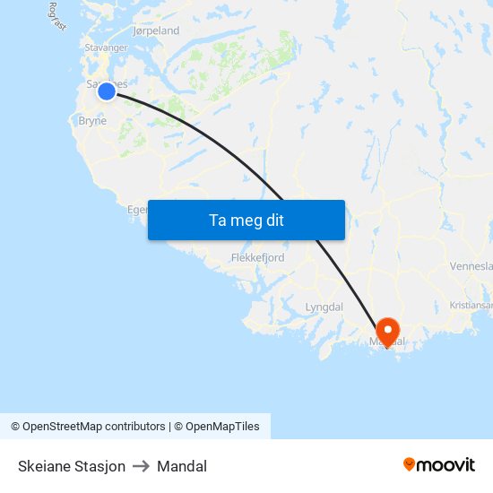 Skeiane Stasjon to Mandal map